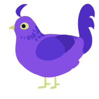 ET, a blurple and indigo chicken with a neck-speckle pattern