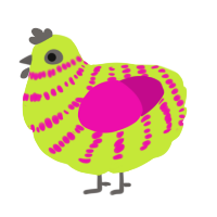 A lime and fuchsia chicken with a bar pattern