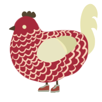 Max, a crimson and white chicken with a lace pattern