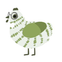 Atticus, a gluppy and chartreuse chicken with a bar pattern