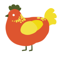 some pulp, a vermilion and yellow chicken with a neck-speckle pattern