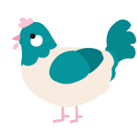 A cream and teal chicken with a head pattern