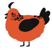 sus orange jr, a vermilion and black chicken with a neck-speckle pattern