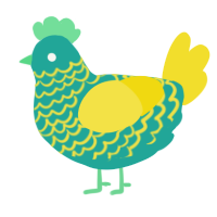 A turquoise and yellow chicken with a lace pattern