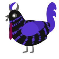 A black and indigo chicken with a bar pattern