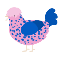 A pink and ultramarine chicken with a speckle pattern