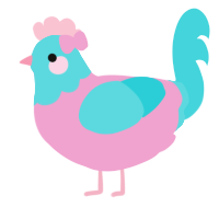 Poppy, a pink and aqua chicken with a head pattern
