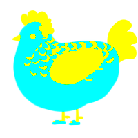 calypso, a aqua and yellow chicken with a half-lace pattern