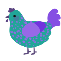 A turquoise and blurple chicken with a speckle pattern