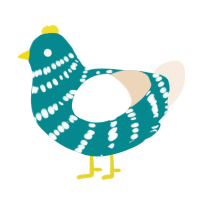A teal and cream chicken with a bar pattern