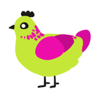 A lime and fuchsia chicken with a neck-speckle pattern