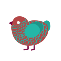 A red and turquoise chicken with a lace pattern