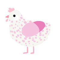 A white and pink chicken with a speckle pattern