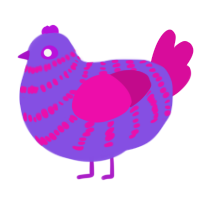 A blurple and fuchsia chicken with a bar pattern