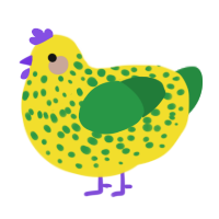 A yellow and viridian chicken with a speckle pattern