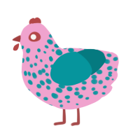 A pink and teal chicken with a speckle pattern