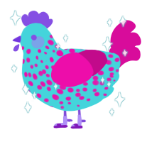 A aqua and fuchsia chicken with a speckle pattern