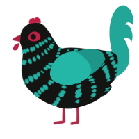 A black and turquoise chicken with a bar pattern