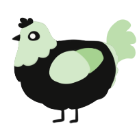 A black and gluppy chicken with a head pattern