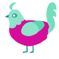 A fuchsia and mint chicken with a head pattern