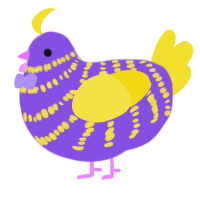 A blurple and yellow chicken with a bar pattern