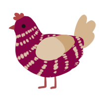 A maroon and beige chicken with a bar pattern