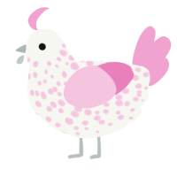A white and pink chicken with a speckle pattern