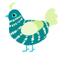 A teal and apple chicken with a bar pattern
