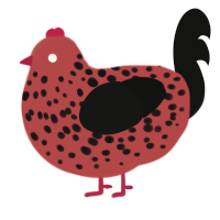 A red and black chicken with a speckle pattern