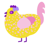 A yellow and pink chicken with a speckle pattern