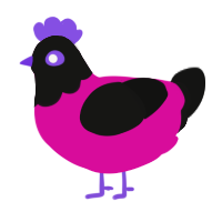 A fuchsia and black chicken with a head pattern