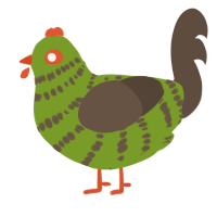 A chartreuse and bark chicken with a bar pattern
