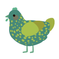 A sea and chartreuse chicken with a speckle pattern