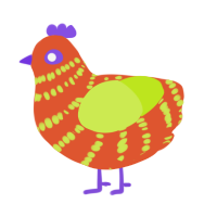 A vermilion and lime chicken with a bar pattern