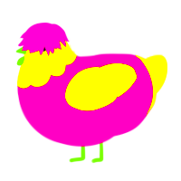 A fuchsia and yellow chicken with a head pattern