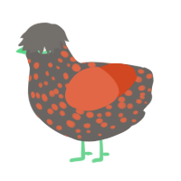 A grey and vermilion chicken with a speckle pattern
