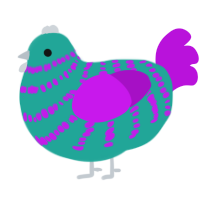 Sully Monsters Inc, a turquoise and amethyst chicken with a bar pattern