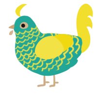 A turquoise and yellow chicken with a lace pattern