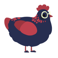 A navy and crimson chicken with a neck-speckle pattern