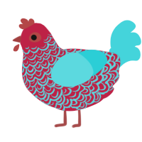 A crimson and aqua chicken with a double-lace pattern