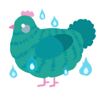 A turquoise and teal chicken with a bar pattern