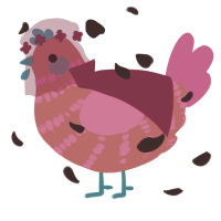 A crimson and fuchsia chicken with a bar pattern