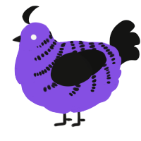 A blurple and black chicken with a half-bar pattern