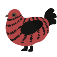 A red and black chicken with a bar pattern