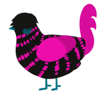 A black and fuchsia chicken with a bar pattern
