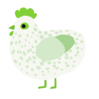 A white and gluppy chicken with a speckle pattern