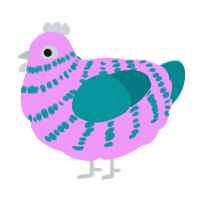 A lavender and teal chicken with a bar pattern