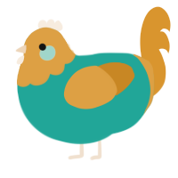 A turquoise and orange chicken with a head pattern