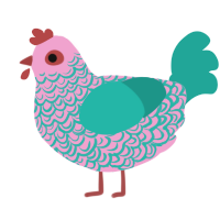 A pink and turquoise chicken with a double-lace pattern