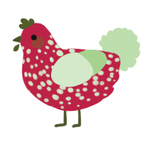 A crimson and gluppy chicken with a speckle pattern